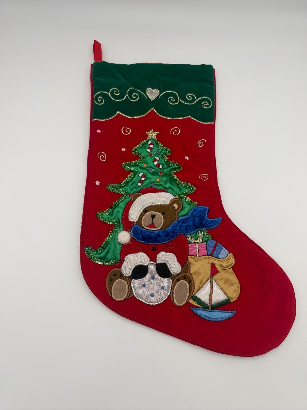 Teddy Bear & Christmas Tree Applique Velour Stocking | Retro Holiday Decor